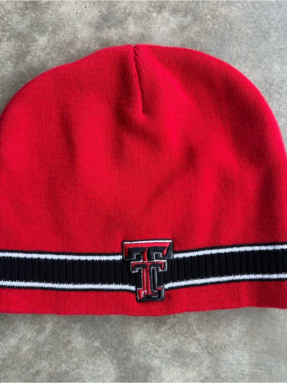 Red Kids Beanie Hat with Black Stripe and 'TT' Logo